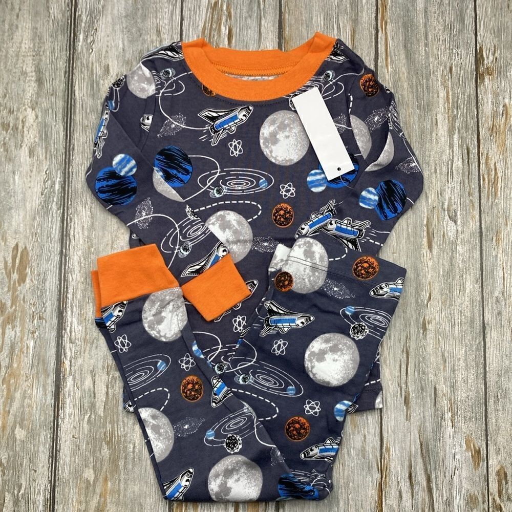 Spaceship Galaxy Cotton Long Sleeve Tight Fit Pajamas Lounge 2-Piece Set Sz 18M